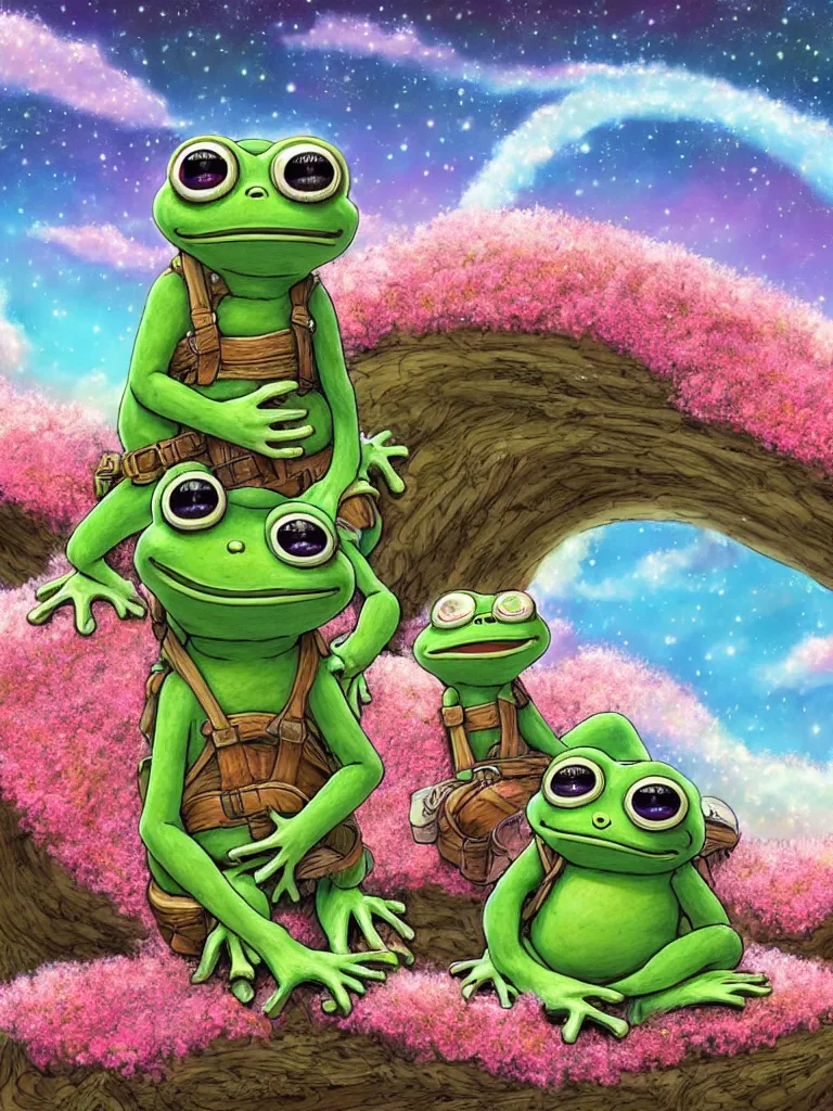 Prompt: high resolution 4k wonder of exploration vast sky pepe frog love and family worlds of love and joy made in abyss design Tony DiTerlizzi dream like storybooks pepe the frog happy alone in a field sitting wholesome soft and warm the value of love a clear prismatic pink sky, red woods Canopy , unnerving , disheartening , love, warm ,Luminism, prismatic , fractals , pepe the frog , art in the style of Tony DiTerlizzi , Francisco de Goya and Akihito Tsukushi and Gustave dore and Arnold Lobel