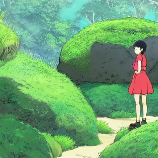 Prompt: a large rock in the middle of a beautiful lush field by studio ghibli. there's a girl in a dress next to the rock