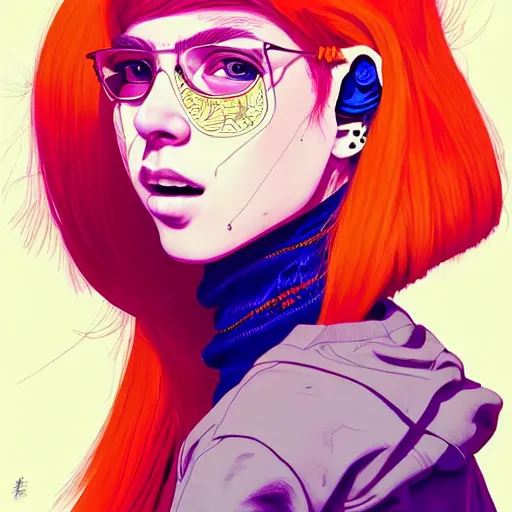 Image similar to portrait painting of a teenage girl with swept back wild orange hair and punk clothes, sharp focus, award - winning, trending on artstation, masterpiece, highly detailed, intricate. art by josan gonzales and moebius and deathburger
