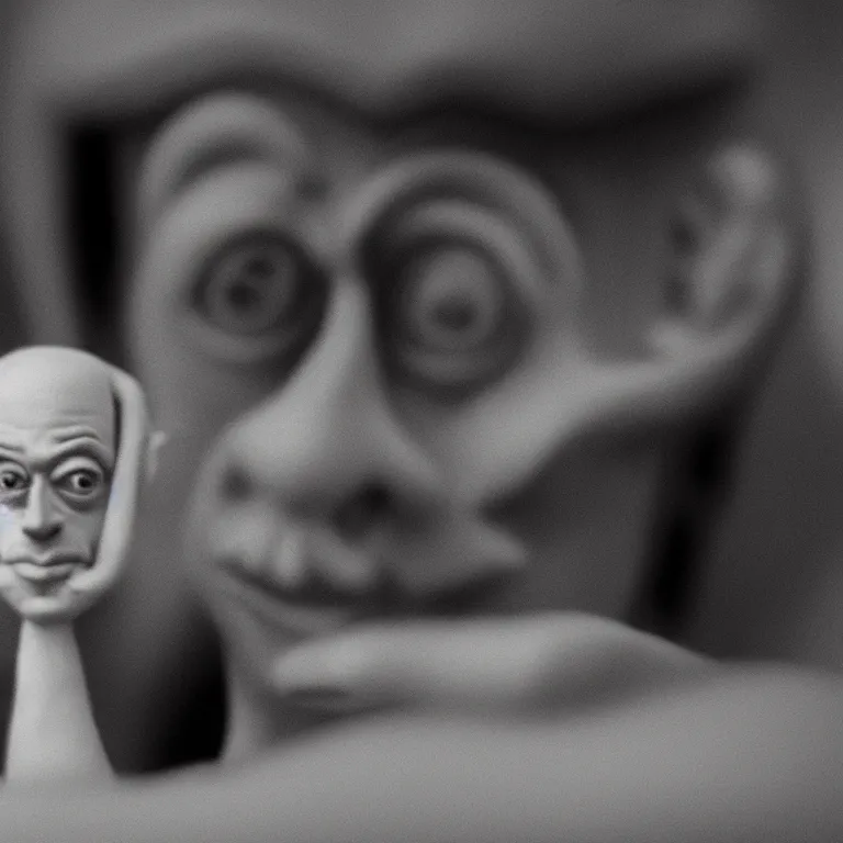 Image similar to a cinematic film still of a claymation stop motion film starring steve buscemi, portrait, shallow depth of field, 8 0 mm, f 1. 8