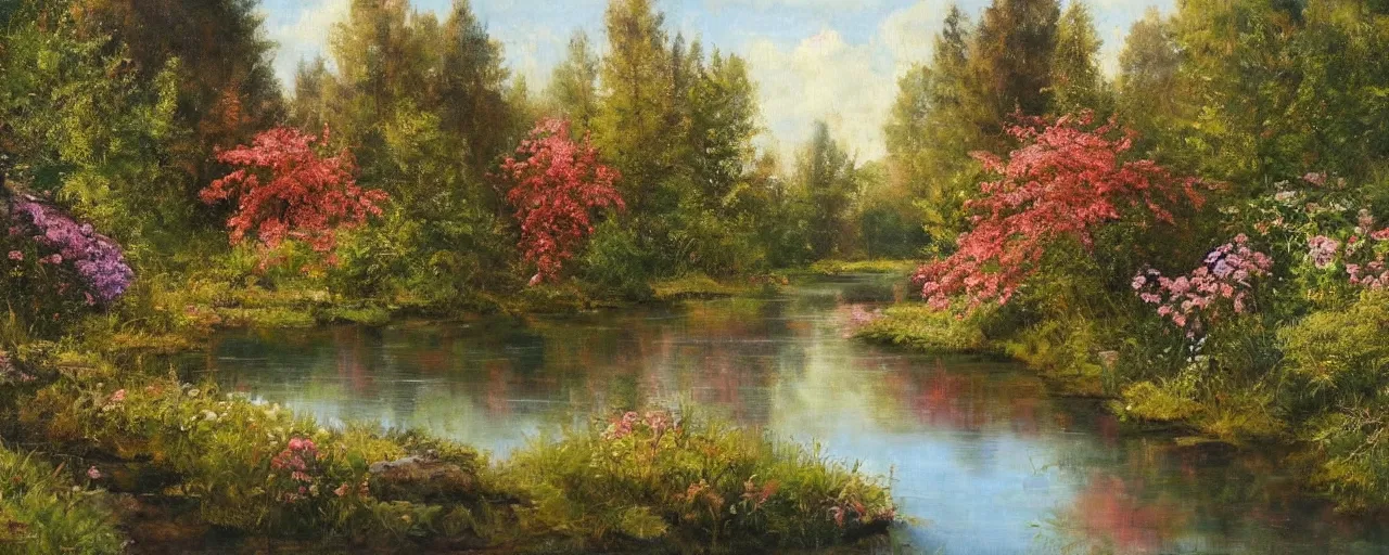 Prompt: a river running through a forest, reflections, beautiful flowers, classic painting, award winning, highly detailed