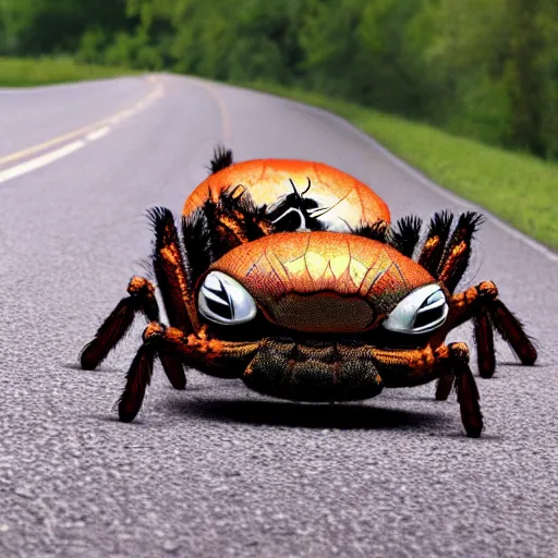 Prompt: A fast moving car with big spiders attacking it