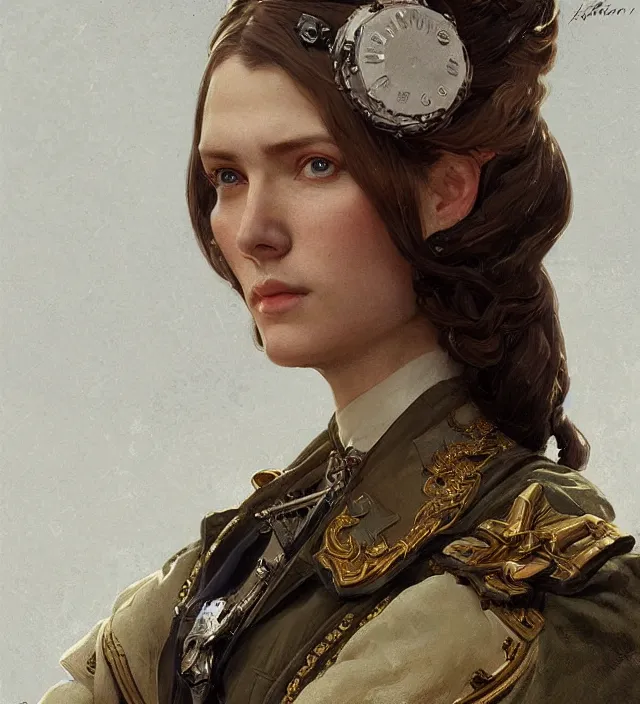 Image similar to portrait of a russian woman wearing a white traditional nineteenth century military jacket, metal shoulder pauldrons, intricate, highly detailed, digital painting, artstation, concept art, sharp focus, cinematic lighting, illustration, art by artgerm and greg rutkowski, alphonse mucha, cgsociety