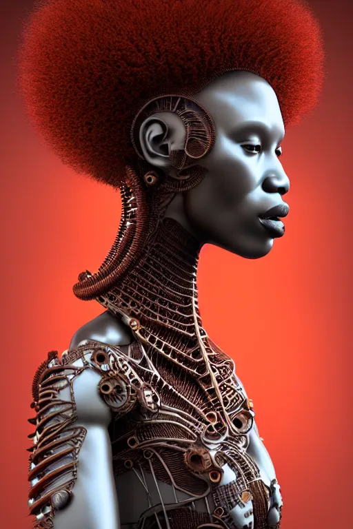 Prompt: complex 3d render, ultra detailed, fascinating biomechanical afro female cyborg with a porcelain profile face, massai warrior, red hair, analog, 150 mm lens, beautiful natural soft rim light, big leaves and stems, roots, fine foliage lace, Alexander Mcqueen high fashion haute couture, pearl earring, art nouveau fashion embroidered, steampunk, silver filigree details, liquid simulation, hexagonal mesh wire, mandelbrot fractal, anatomical, facial muscles, cable wires, microchip, elegant, hyper realistic, ultra detailed, octane render, H.R. Giger style, volumetric lighting, 8k post-production