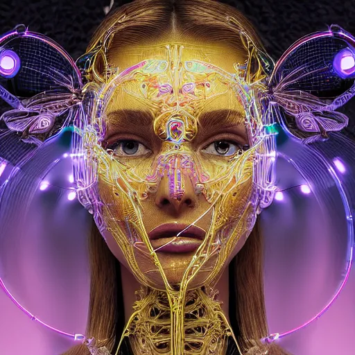 Prompt: very beautiful woman integrating with technology, full face frontal centered, portrait, insipiring, detailed intricate ornate neon pulsating cables connected to head, extremely detailed eyes, luxurious detailed abundent wiring and implants, gold optical fiber, renaissance, sci - fi, detailed technology background with cyber flowers and insects, dramatic lighting, photography, highly detailed, artstation, 8 k,