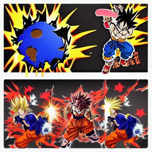 Image similar to die cut sticker, goku, gatling attack by luffy, splatter paint