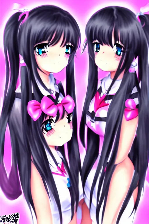 Image similar to two beautiful female idols with twintails facing each other, dark background, detailed anime art