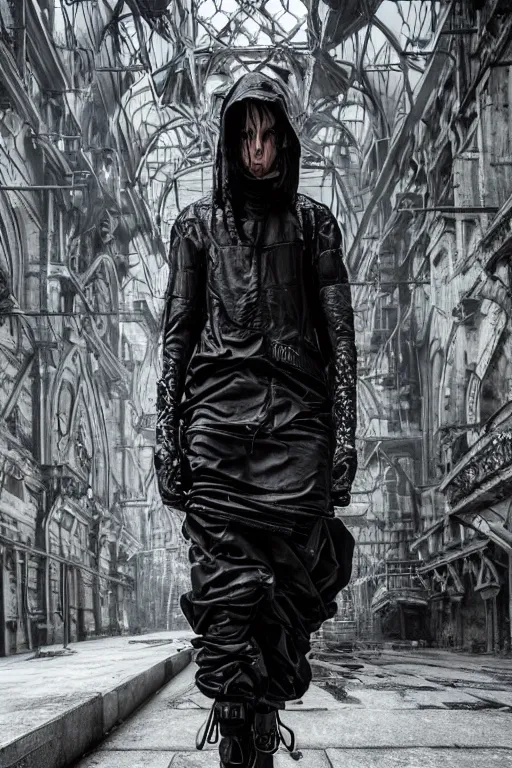 Prompt: avant garde techwear look and clothes, we can see them from feet to head, highly detailed and intricate, hypermaximalist, dystopian castle background, eerie fog, luxury, Rick Owens, Errolson Hugh, Yohji Yamamoto, Chrome Hearts, cinematic outfit photo