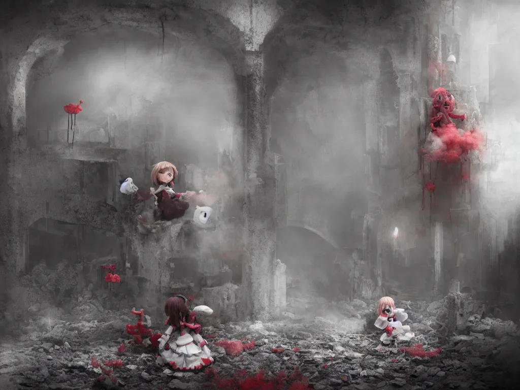 Image similar to cute fumo plush girl ghosts playing in a mysterious concrete wartorn brutalist ruin infected by strands of red parasitic fungus, chibi gothic maiden in tattered rags, dramatic three point lighting, glowing wisps of hazy smoke and volumetric fog swirling about, vray