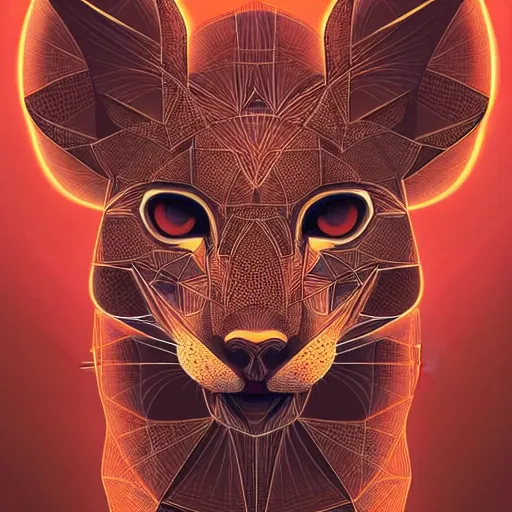 Prompt: Geometric symmetrical fossa, sun in the background, intricate, elegant, highly detailed, digital painting, artstation, concept art, smooth, sharp focus, illustration, art by artgerm