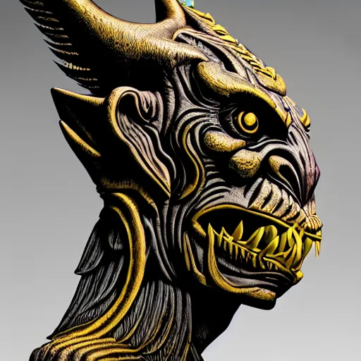 Image similar to side profile of barong family gargoyle, wiwek, mara demon, one single tribe member, jungle, one single mask, dark, tribal, inner glow, art by dan mumford and justin gerard