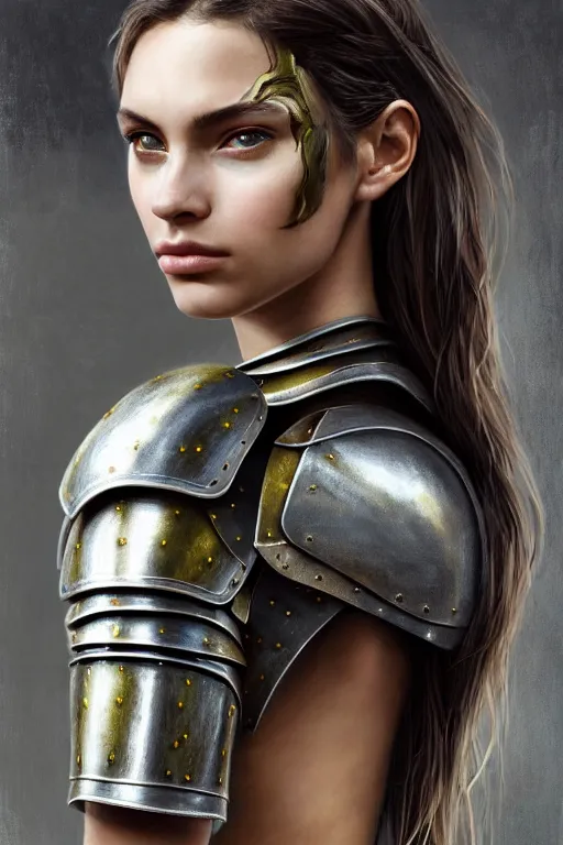 Prompt: a photorealistic painted portrait of an attractive young girl, partially clothed in dull metal-plated battle armor, olive skin, long dark hair, flawless skin, beautiful bone structure, symmetric facial features, perfect photorealistic eyes, natural physique, intricate, elegant, digital painting, concept art, finely detailed, beautifully illustrated, sharp focus, minimal artifacts, from Metal Gear, by Ruan Jia and Mandy Jurgens and Artgerm, in the style of Greg Rutkowski, trending on Artstation, award winning art