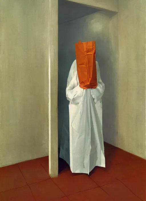 Prompt: woman in dress made from plastic bag with paper bags for clothes standing inside paper bags with paper bag over the head at store display Edward Hopper and James Gilleard, Zdzislaw Beksinski, highly detailed