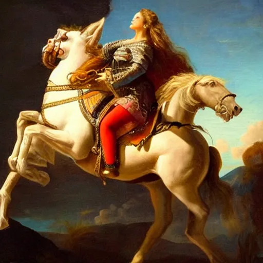 Image similar to beyonce riding a horse with a sword chasing a tribe of eric claptons, baroque style painting, well lit, highly detailed