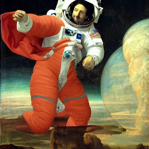 Image similar to an astronaut floating in space, in the style of a renaissance painting