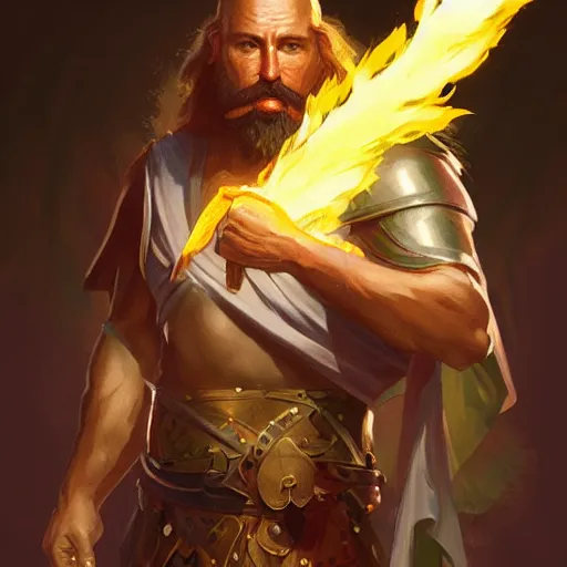 Prompt: Smattas, olive-skinned, bearded manly god of justice, with a flaming sword, D&D, highly detailed, digital painting, artstation, concept art, sharp focus, illustration, cinematic lighting, art by artgerm and greg rutkowski and alphonse mucha