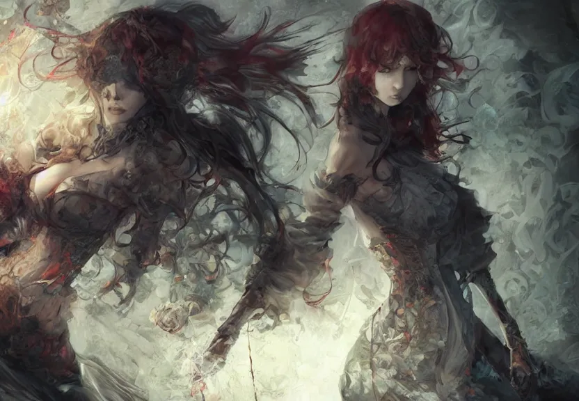 Image similar to christina hendricks!!!!! goth!!!!!, tankoban, 4 k, tone mapping, akihiko yoshida, james jean andrei riabovitchev marc simonetti, yoshitaka amano, long hair, curly, h. hydrochaeri