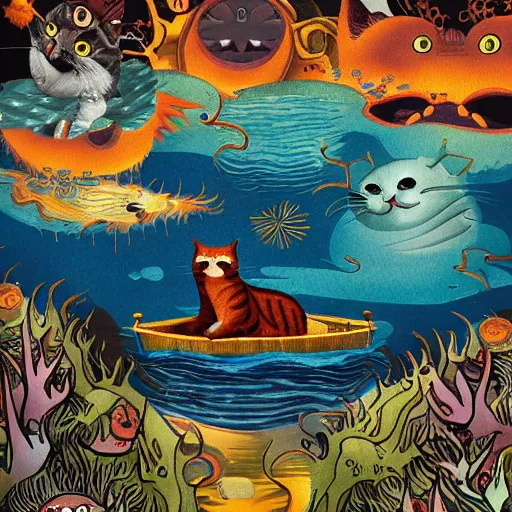 Image similar to cat on boat crossing a body of water in hell with creatures in the water, sea of souls, by studio 4 c