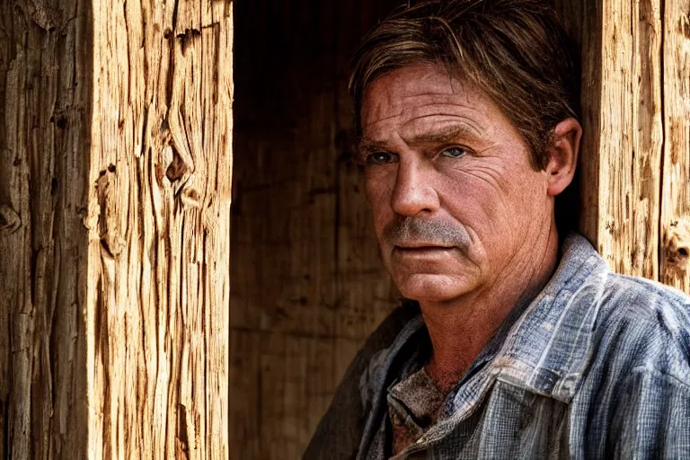 Prompt: a cinematic headshot portrait of a farmer, stood outside a wooden cabin, movie still, ultra realistic, dramatic lighting, by annie leibovitz