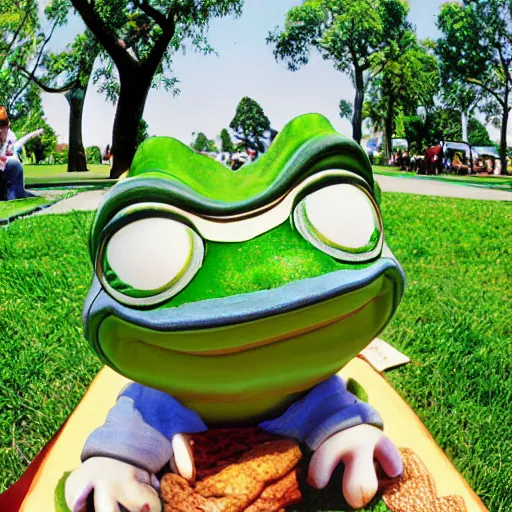 Prompt: Little Pepe the Frog sitting on a picnic in the park. 25mm, focused, masterpiece, soft lights, International Photography Awards, photo by Steve Hanks, art by Yoshitaka Amano