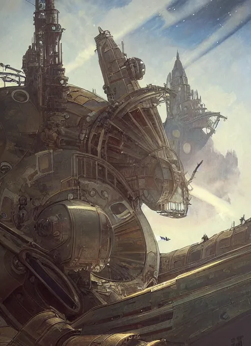 Prompt: steampowered spaceships armada шт space. Brass pipes and weathered metal. Dials and steam, water tanks. Ultradetailed concept artgerm and greg rutkowski and alphonse mucha