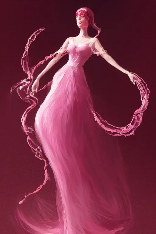 Prompt: a beautiful 4 0 years old chatain hair woman in a pink - red long dress levitates 3 precious little transparent bottle filled with a magic ivory white liquid and a black sticker, fantasy, intricate, elegant, highly detailed, digital painting, artstation, concept art, matte, sharp focus, illustration, greg rutkowski