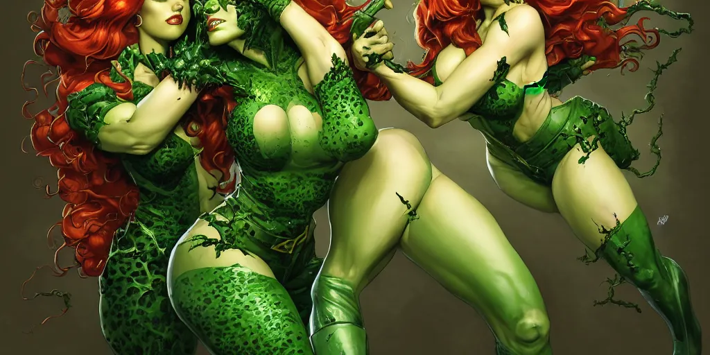 Prompt: poison ivy DC comics battle fighting killer croc DC comics, medium shot, action and battle pose, illustration, symmetrical face and body, realistic eyes, artstation, cinematic lighting, hyperdetailed, detailed realistic symmetrical eyes, cgsociety, 8k, high resolution, Charlie Bowater, Tom Bagshaw, Norman Rockwell, insanely detailed and intricate, sewer background