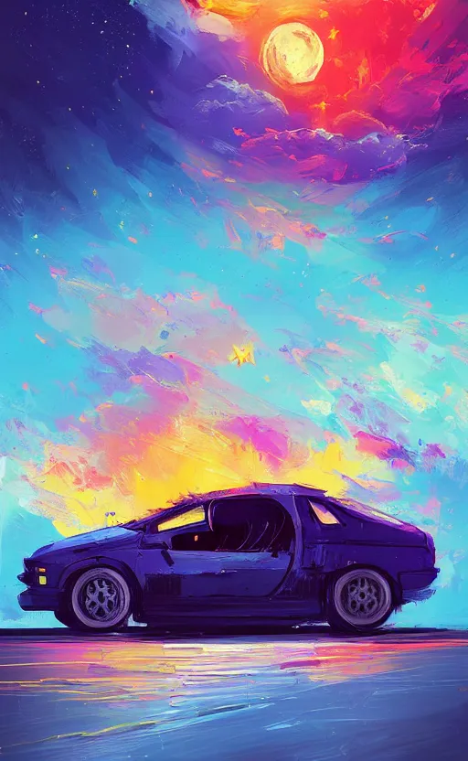 Image similar to a beautiful painting of a burning car, art of alena aenami, featured on artstation, vertical orientation, paint brush strokes, expressionism, brushstroke - laden, breathtaking clouds, birds, ocean, beautiful stars, long exposure, big moon radius, airy midnight theme, blue purple gradient, lens flare