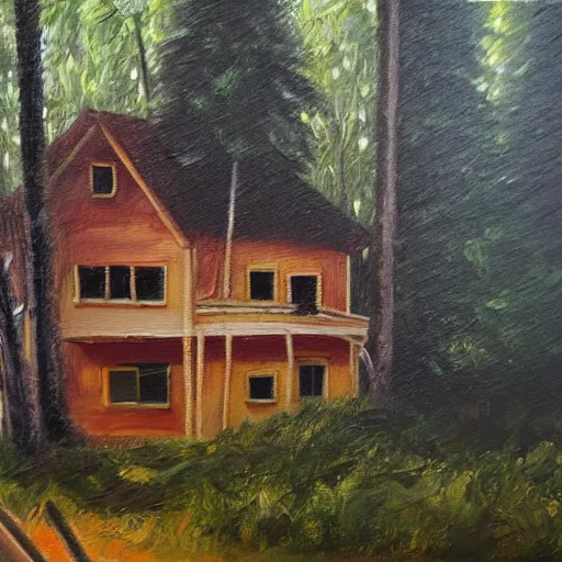 Prompt: detailed oil painting, house in forest