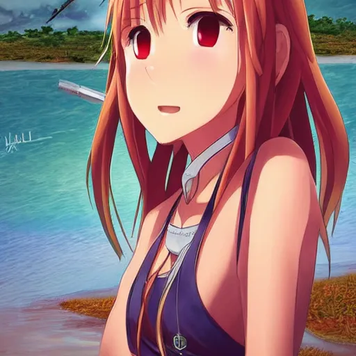 Image similar to wlop art: yuuki asuna sitting at the beach watching saturn in the sky