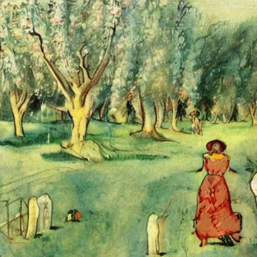 Prompt: A beautiful conceptual art depicting a farm scene. The conceptual art shows a view of an orchard with trees in bloom. by Gerda Wegener, by Peter Milligan dynamic