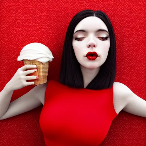 Prompt: cute girl in red dress with black hair and large beautiful eyes consuming ice cream in her bed, digital art, full body shot, perfect symmetrical body, perfect symmetrical face, coherent symmetrical eyes, by peter kemp, by monia merlo, hyperdetailed, octane render, 8 k