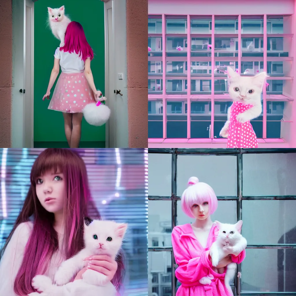 Prompt: cute girl with pale pink hair wearing a white dress with pink spots, holding a white fluffy kitten, standing in front on a tall window with a neon city outside anime style