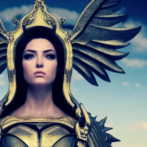 Prompt: hyper realistic portrait of beautiful woman angel with white and gold armor celestial white city is behind, in the sky 8 k, hi definition, octane render her glance is so spiritual