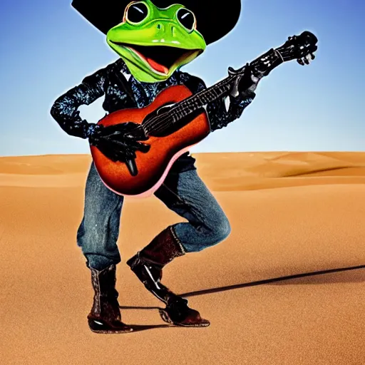 Image similar to an frog wearing cowboy outfit and holding an mini guitar in a desert