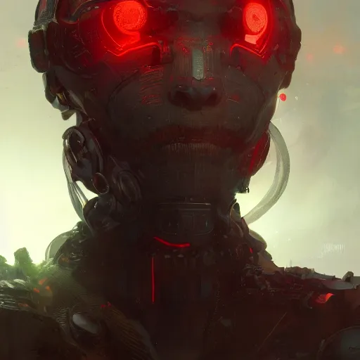 Image similar to cyborg warrior, red eyes, intricate, detailed, volumetric lighting, scenery, digital painting, highly detailed, artstation, sharp focus, illustration, concept art, ruan jia, greg rutkowski