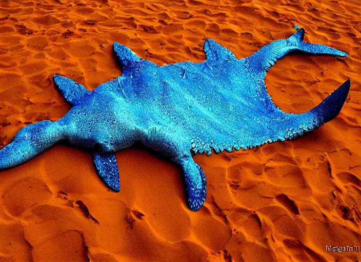 Image similar to an aquatic monster comes out of the sea to die on the orange sand by hagan robert