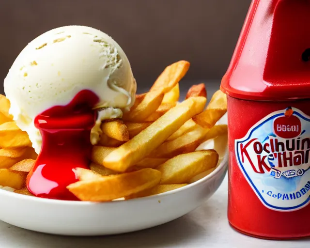 Image similar to dslr food photograph of vanilla ice cream with ketchup on, a leaf of oregano on the ice cream, french fries on the side, a bottle of ketchup, bokeh, 8 5 mm f 1. 4