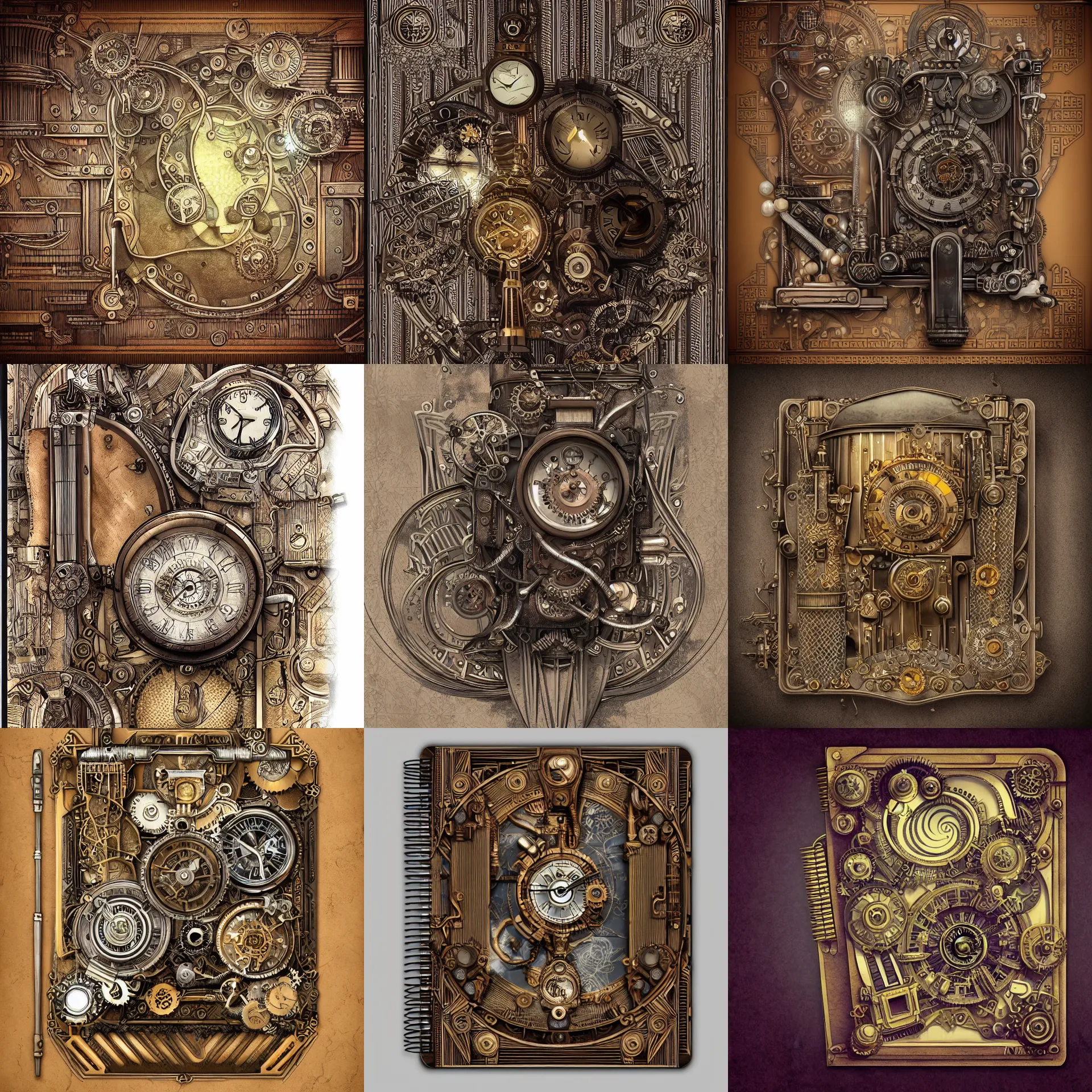 Prompt: extremely detailed illustration steampunk stylized digital notebook doodles drawings musings art deco with art deco filigree scrollwork 8 k render