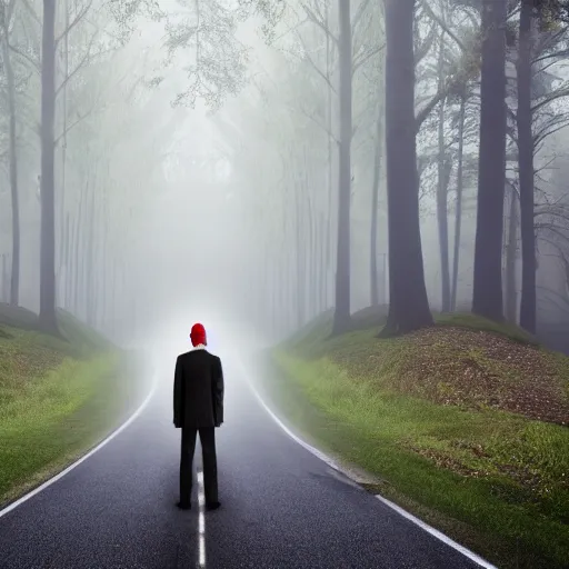 Image similar to super ultra realistic image man standing on an nostalgic street the background is a huge forest the road is between a forest it is raining and also fog