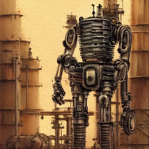 Prompt: friendly steampunk robot standing before chemical plant, watercolor-wash, by Greg Rutkowski