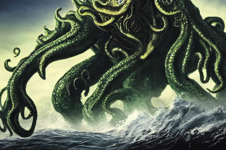 Prompt: giant Cthulhu with a parrot head, high definition, photorealistic, long shot, epic, horizon mountain over water