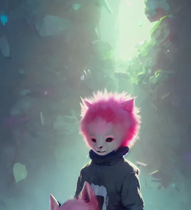 Image similar to a beautiful fullbody portrait of a cute boy with pink hair wearing a wolf kigurumi. character design by cory loftis, fenghua zhong, ryohei hase, ismail inceoglu and ruan jia. artstation, volumetric light, detailed, photorealistic, rendered in octane