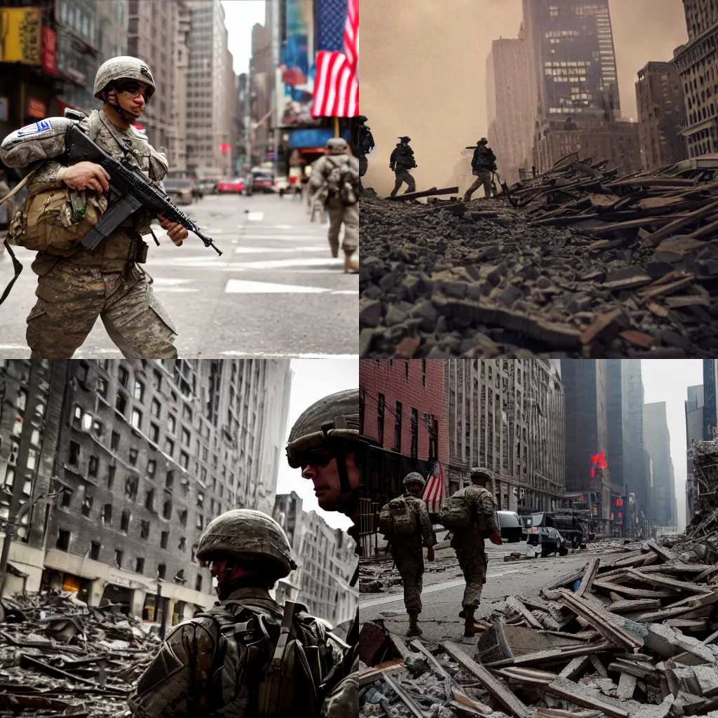 Prompt: closeup two American soldiers moving cautiously through the ruins of New York City, 4k, cinematic, calm, desolate, melancholy, tense