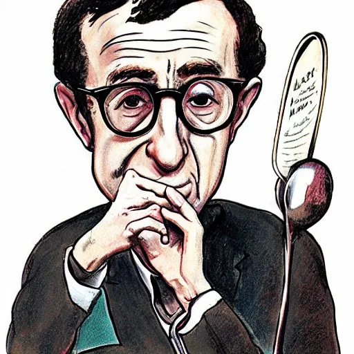 Prompt: woody allen kissing a large spoon, caricature, mad magazine, by mort drucker