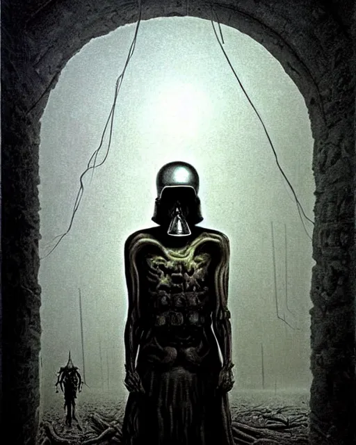 Image similar to full-body creepy realistic central composition, a decapitated soldier with futuristic elements. he welcomes you into the fog with no head, dark dimension portal, empty helmet inside is occult mystical symbolism headless full-length view. attendants watching, standing in ancient gate eldritch energies disturbing frightening eerie, what does it mean, artwork by Salvador Dali