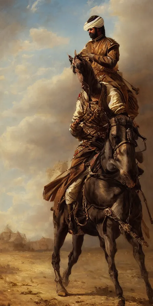 Image similar to Highly detailed and cinematic romantic period oil painting of an Arabian soldier riding a rearing horse, strong atmosphere, oil painting masterpiece by Josep Tapiró Baró, RPG portrait, dynamic lighting, 8K