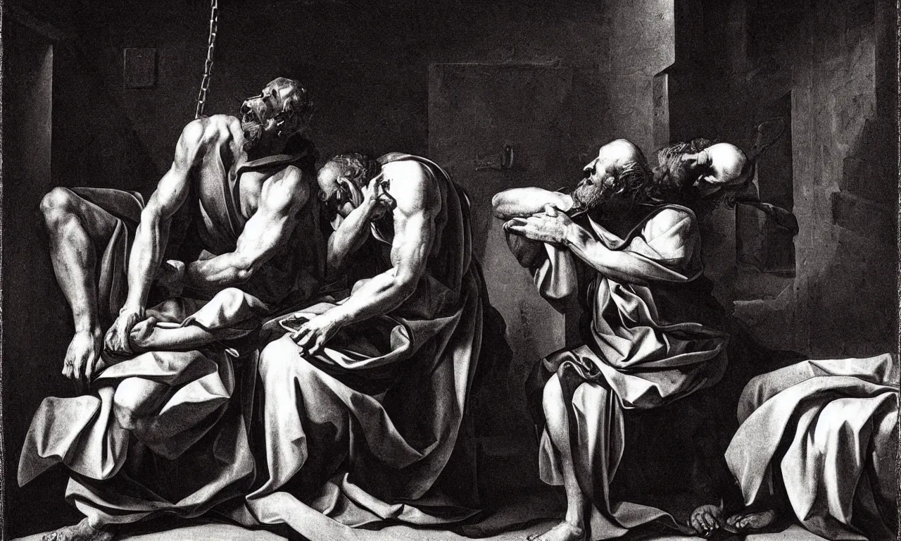 Image similar to Saint Peter in chains inside a prison cell, chiaroscuro, very detailed, by Caravaggio