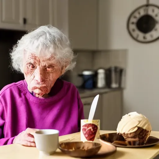 Prompt: the faceless old woman who secretly lives in your home eating ice cream at the kitchen table in the dark, detailed, realistic