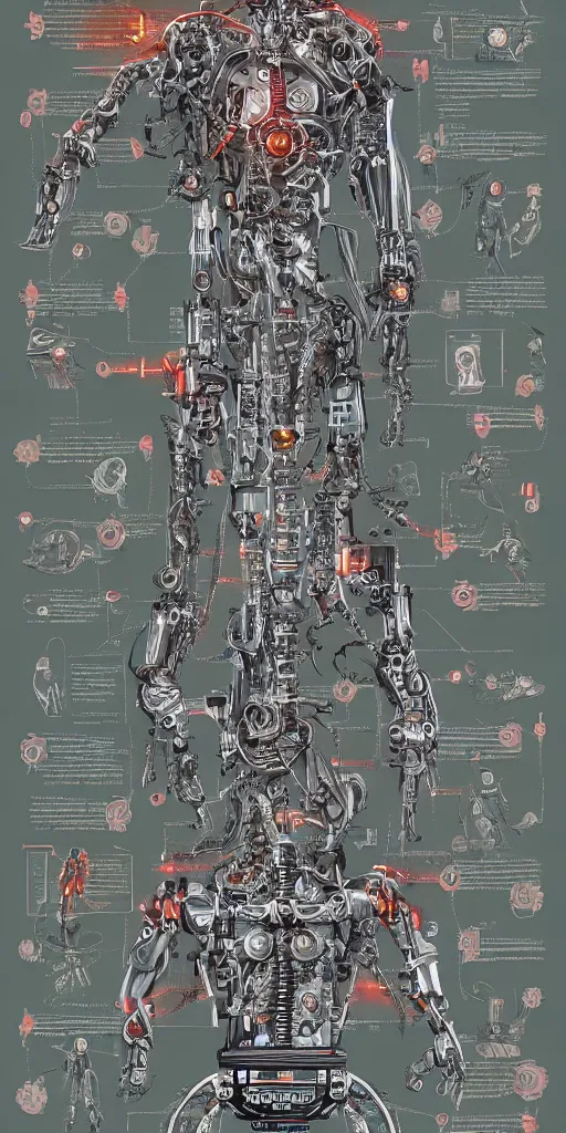 Prompt: anatomy of the terminator, robot, cyborg, t100, diagrams, mystical, intricate ornamental tower floral flourishes, technology meets fantasy, map, infographic, concept art, art station, style of wes anderson